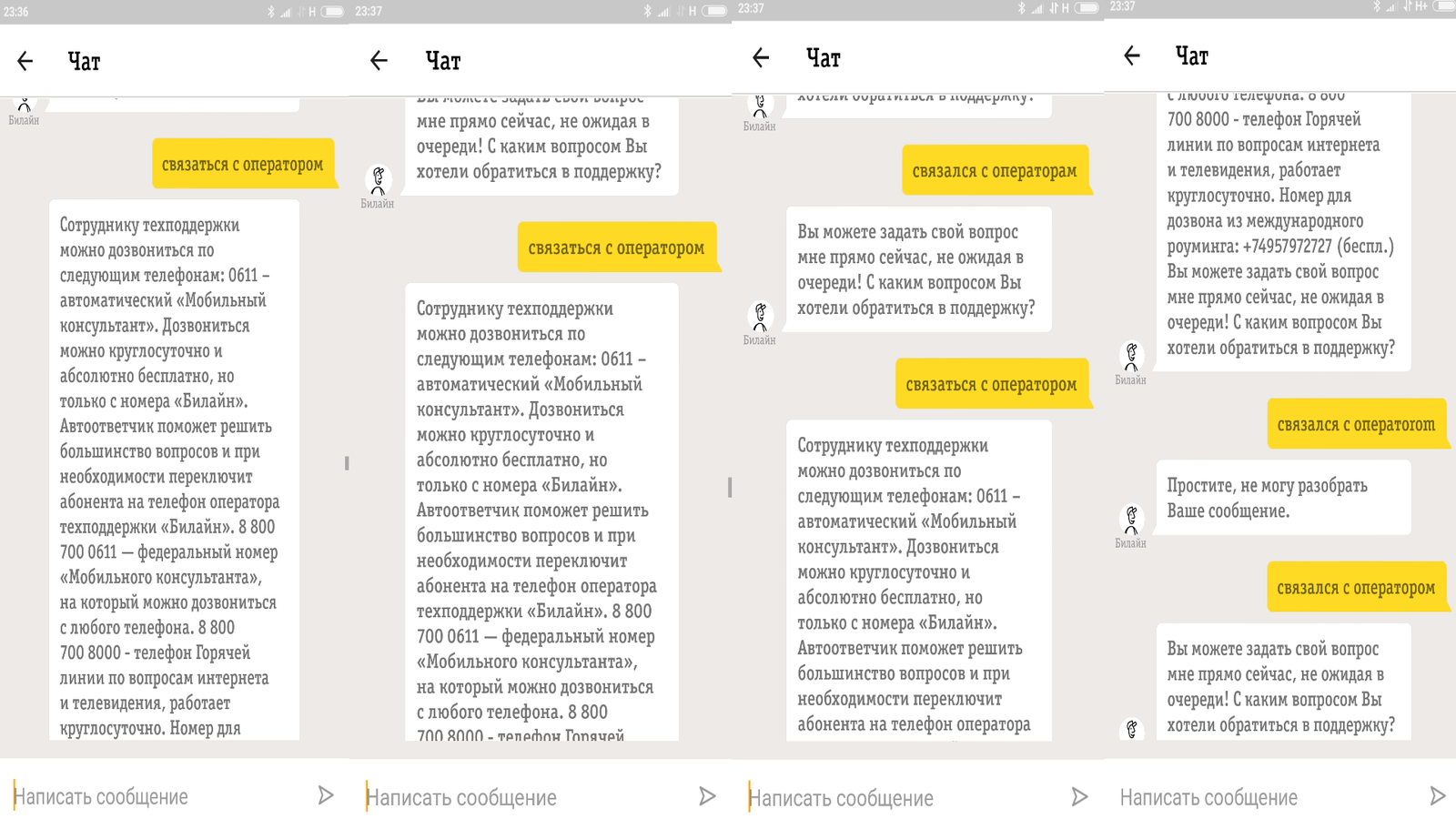 скриншот переписки с поддержкой Билайна