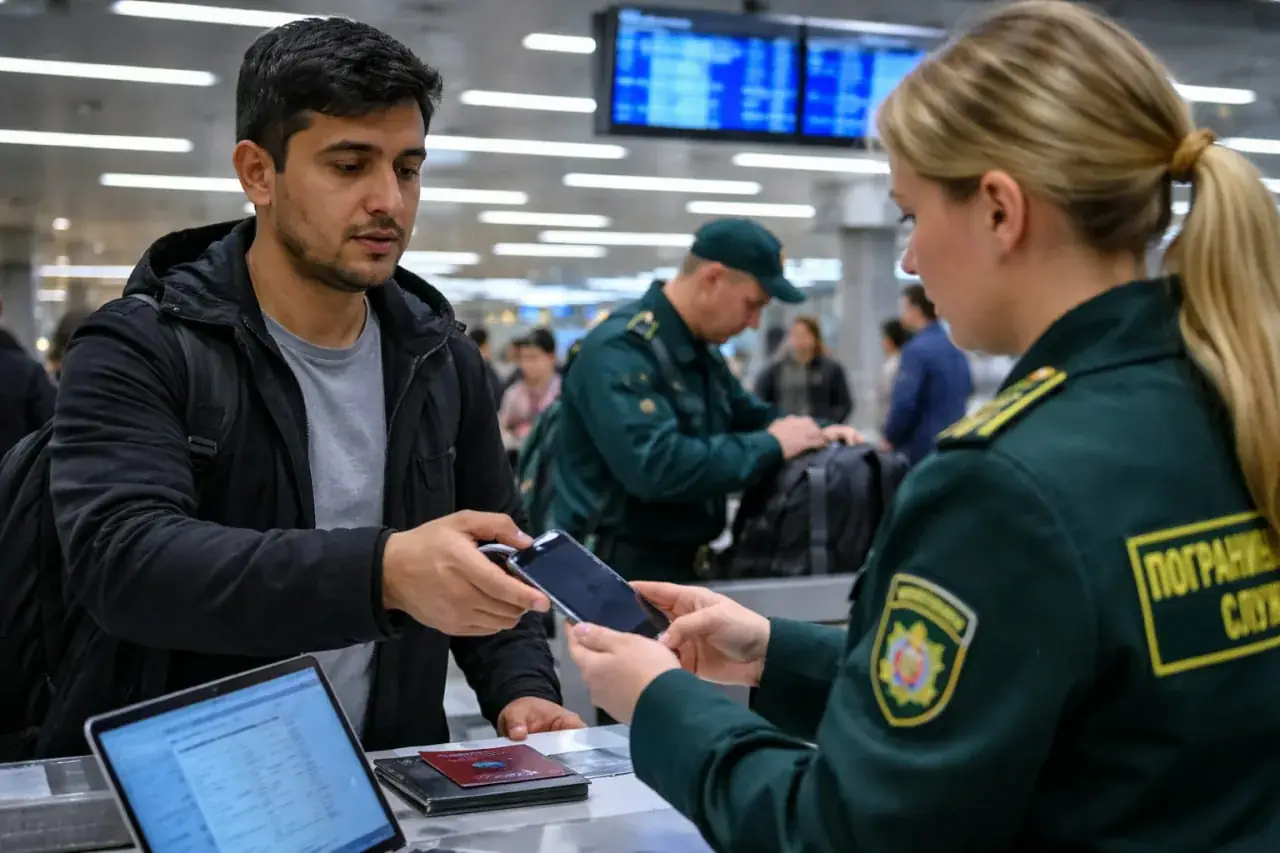 пограничник сканирует QR-код на телефоне мигранта