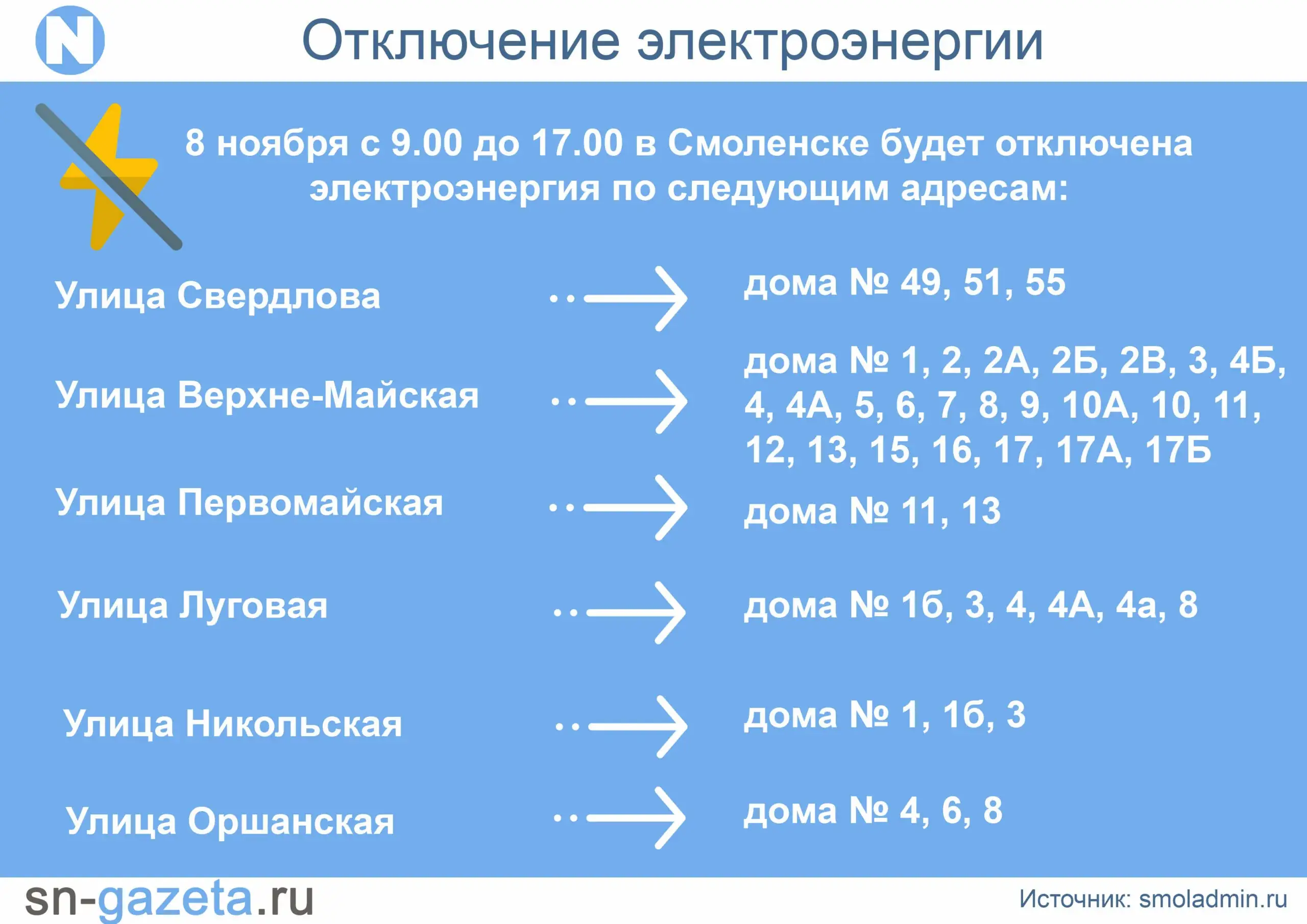 отключения электроэнергии Смоленск ремонт сетей