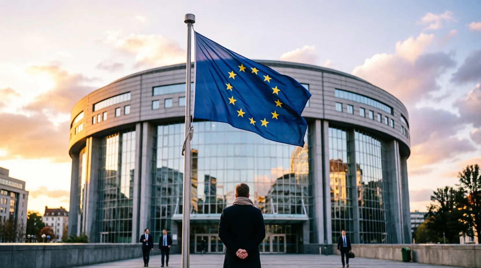 Здание Европейского парламента в Брюсселе с флагом ЕС