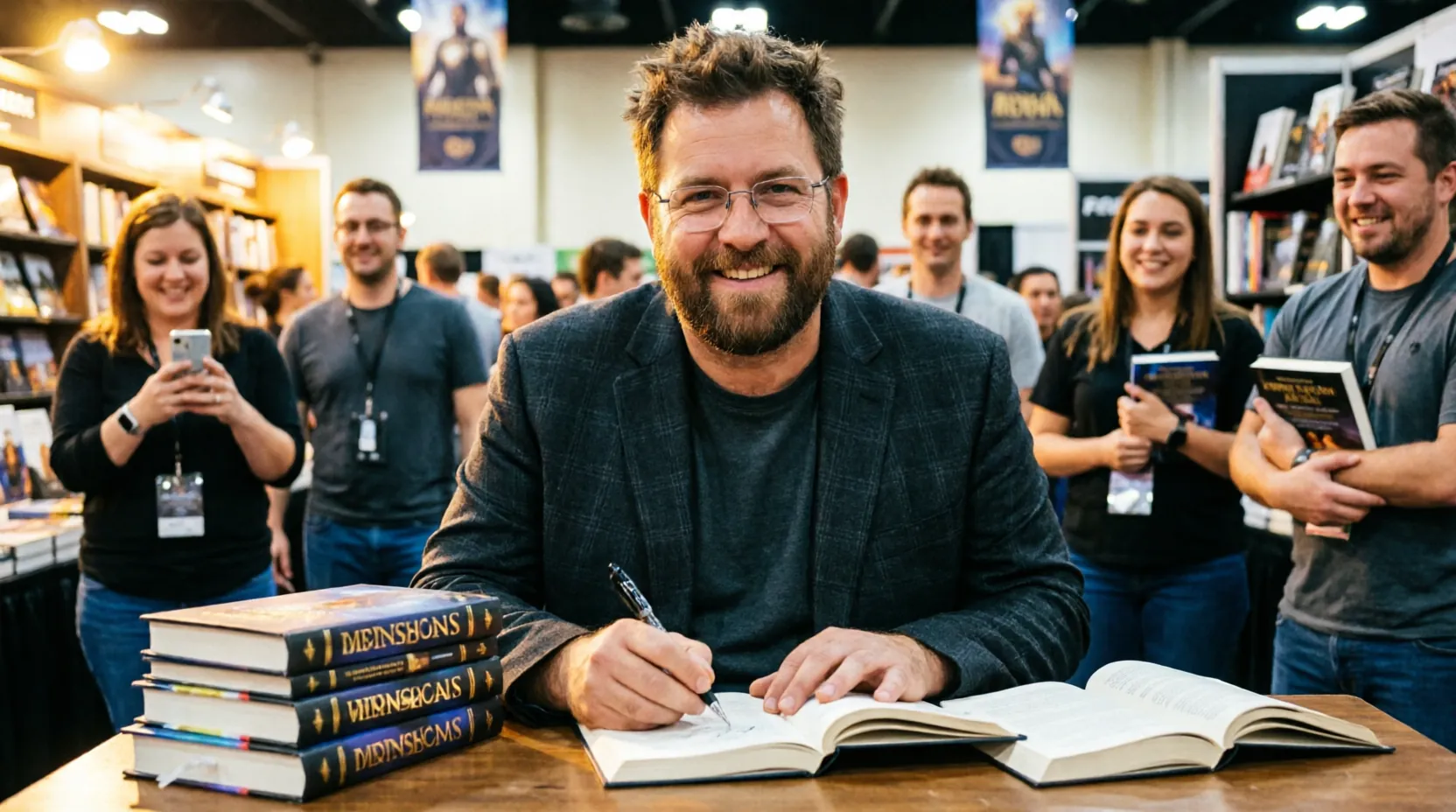 Брэндон Сандерсон на книжной ярмарке, за столом с книгами
