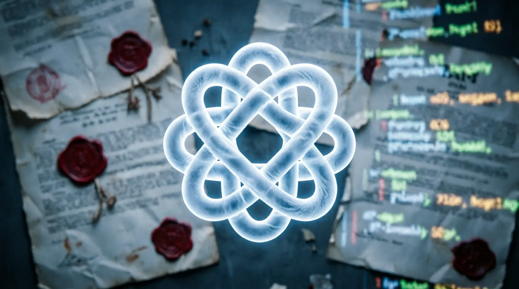 логотип OpenAI на фоне размытого кода и судебных документов