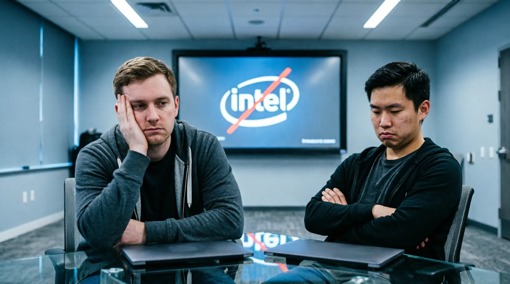 Логотип Intel на экране с надписью Bug Bounty Program Suspended