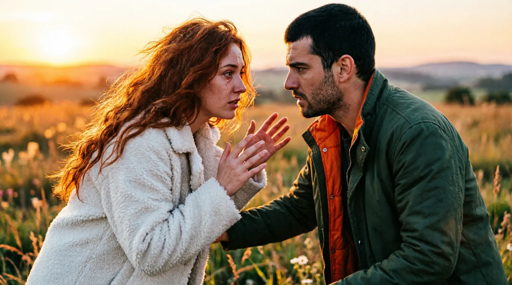 Сергей Хорошев и Клавдия Безверхова на фоне заката на поляне «Дома-2», эмоциональный разговор