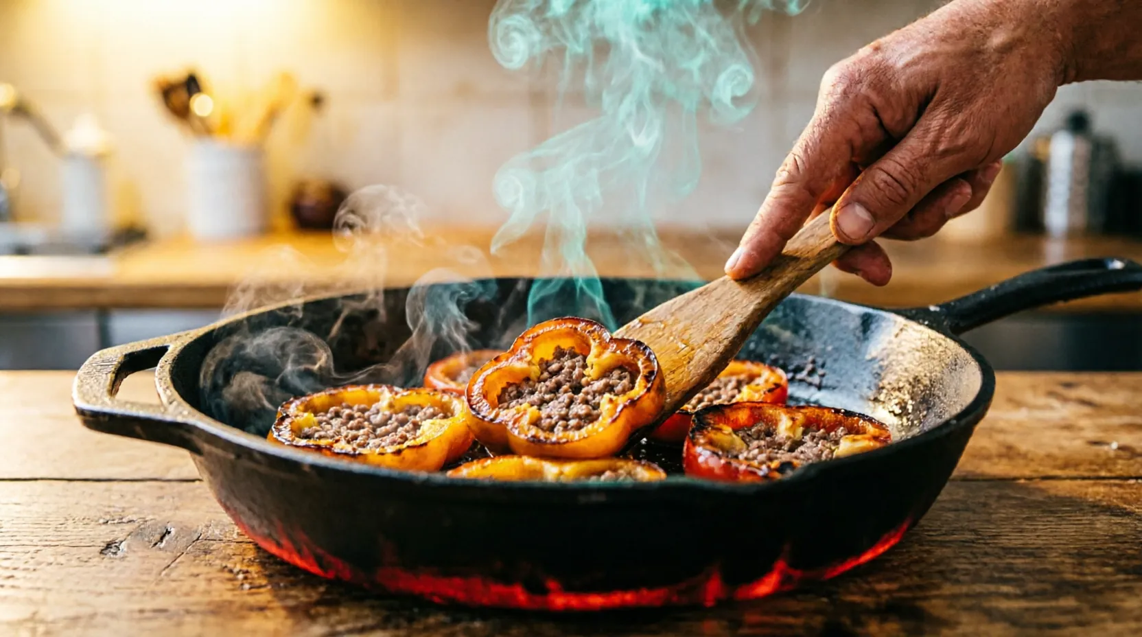 шеф-повар аккуратно переворачивает лопаткой мясные кольца перца на раскаленной сковороде, виден пар и золотистая корочка