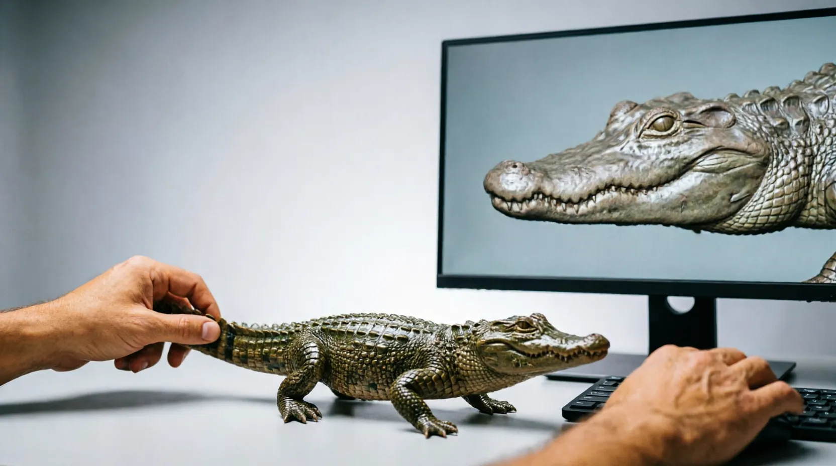 сравнение реальной фигурки аллигатора из анонса и её любительской 3D-модели на экране монитора