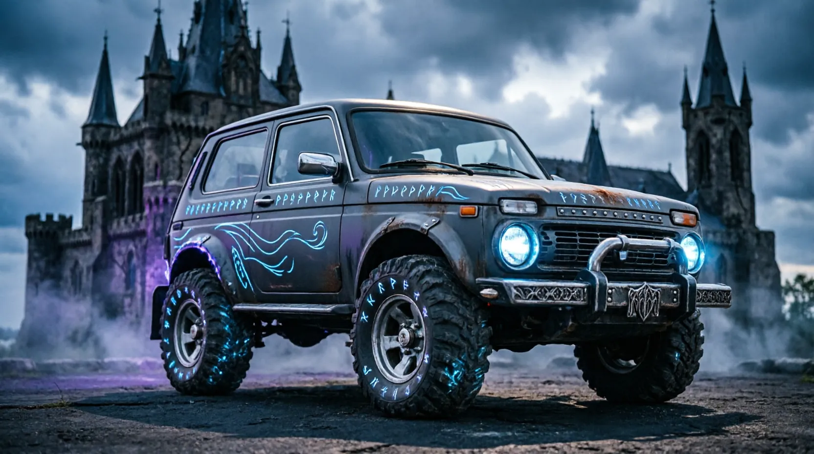 Брендированный автомобиль LADA Niva Legend в стилистике Lineage 2 на фоне готического игрового замка