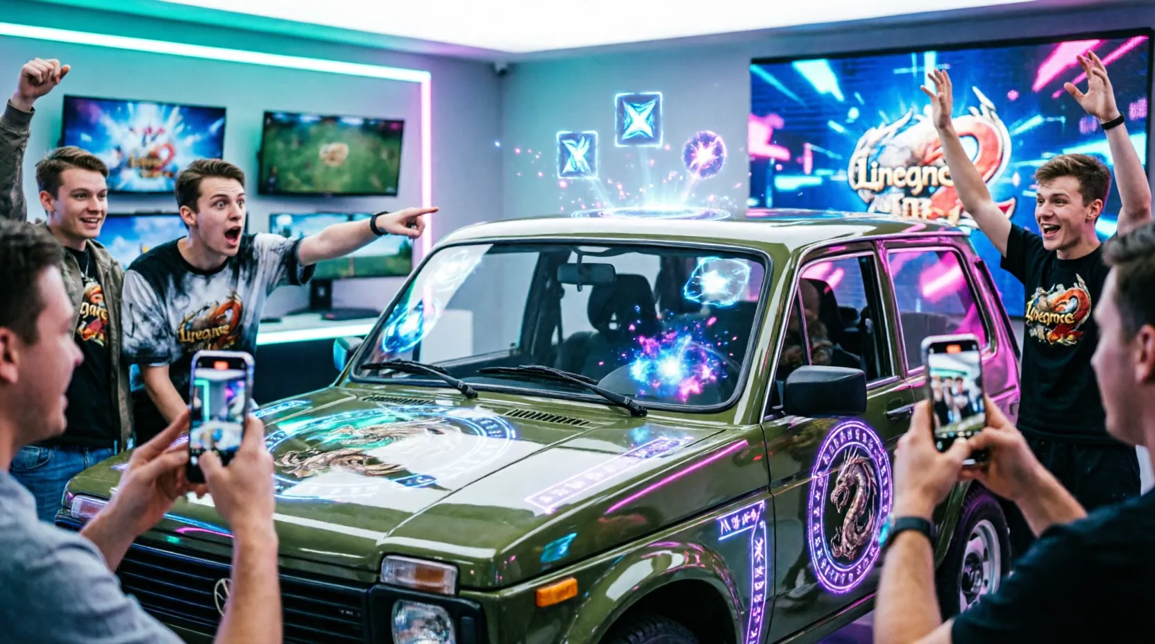 брендированный автомобиль Niva Legend с логотипами Lineage 2 на фоне игрового интерфейса