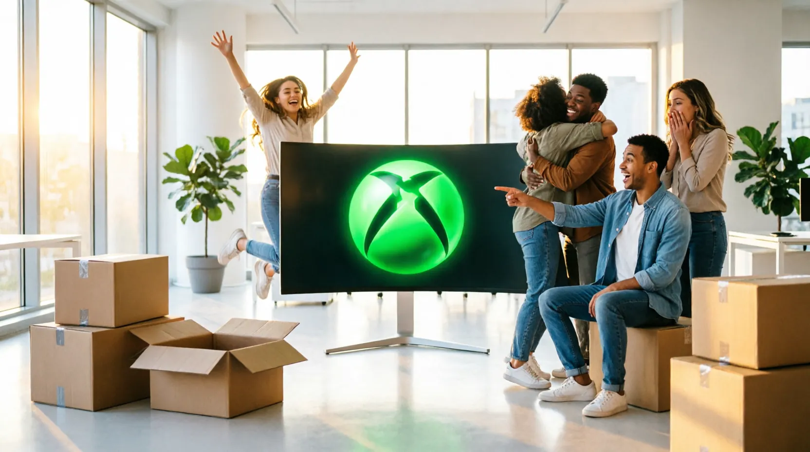 офис Kojima Productions с картонными коробками и логотипом Microsoft Xbox на мониторе