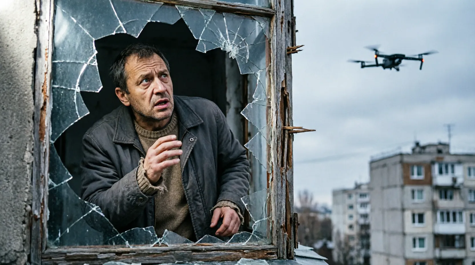 разбитое окно панельного дома в Подмосковье и силуэт пролетающего дрона на фоне серого утреннего неба