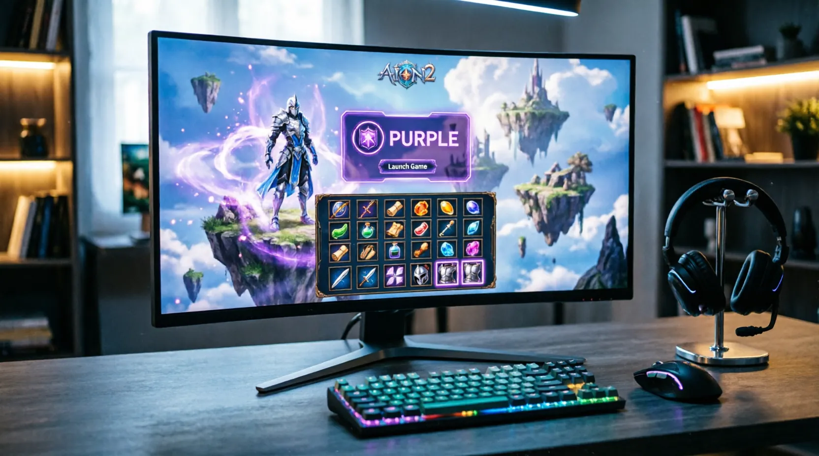 скриншот игрового процесса Aion 2 на ПК с открытым инвентарем и интерфейсом лаунчера PURPLE