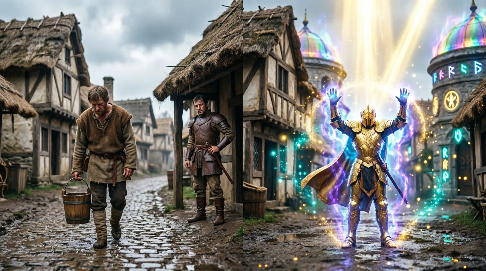 Сравнение скриншотов: реалистичная средневековая сцена из Kingdom Come и типичная яркая фэнтези-RPG с магическими эффектами
