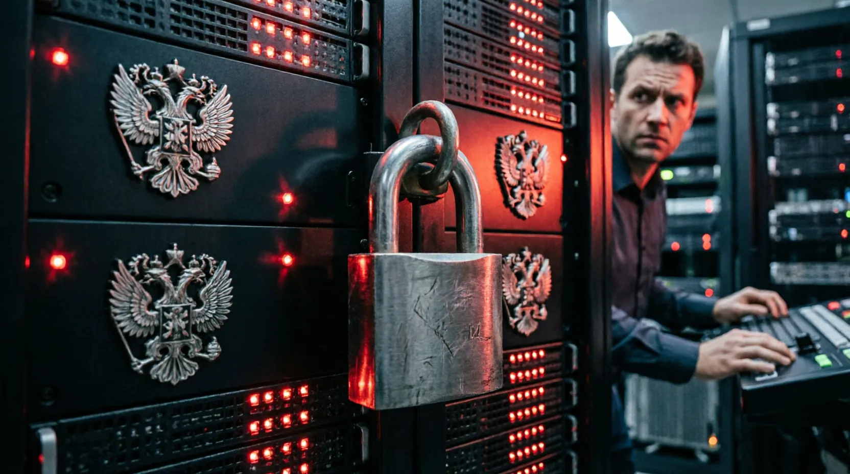 Схематичное изображение серверной стойки с логотипами российских госструктур и массивным замком безопасности на фоне мигающих красных индикаторов