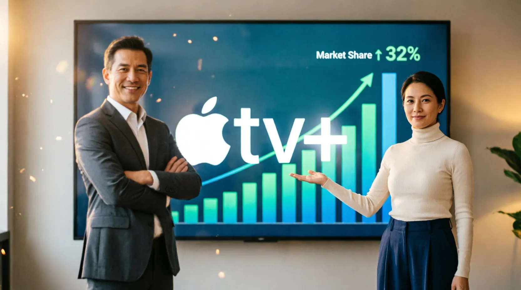 логотип Apple TV+ на фоне графика роста доли сценарного контента