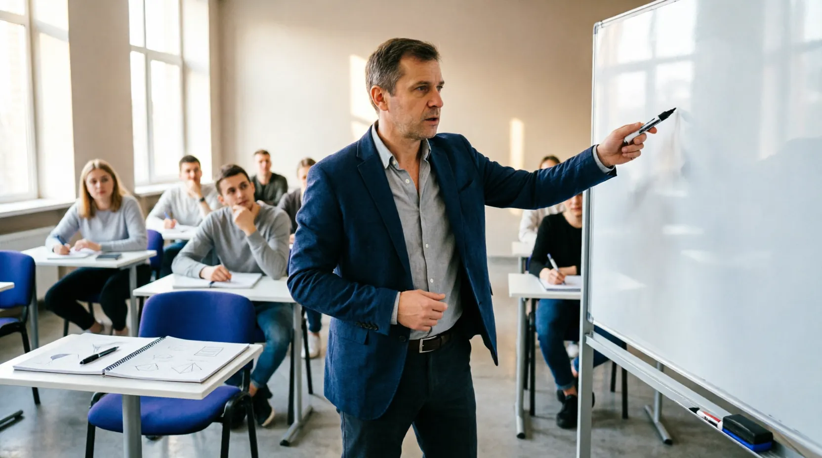 студенческая аудитория МГИМО, конспекты на партах, фокус на преподавателе у маркерной доски