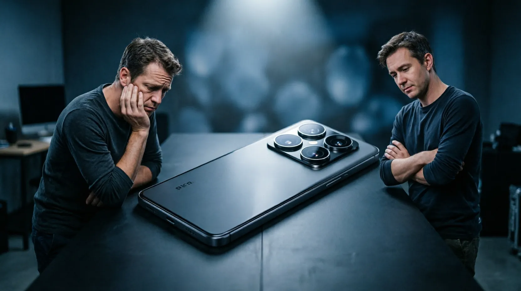Схематичный рендер отмененного смартфона Xiaomi 18 Ultra с массивным тройным блоком камер и ультратонкими рамками на темном матовом фоне